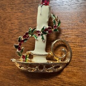Mid Century Candle Brooch with Red and Green Accents